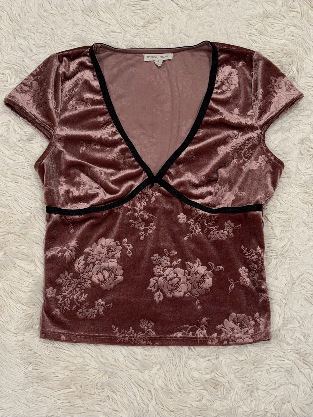 Y2K Moa Moa Velvet Floral Babydoll Top Juniors Medium Dusty Pink Fairy Grunge